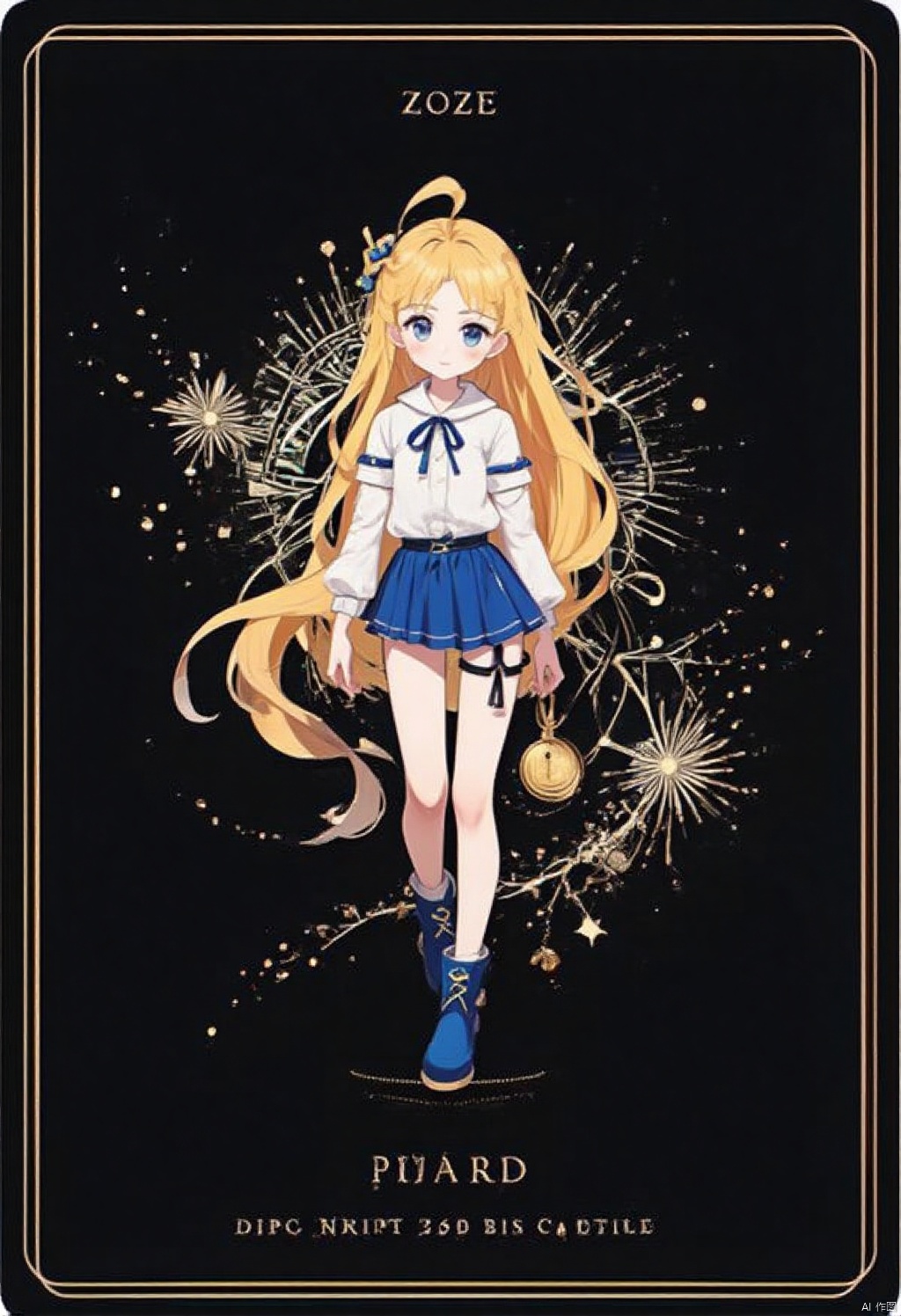Card design
An animated image of a girl with long blonde hair and blue eyes. She is wearing a blue skirt and blue boots. The girl is holding a gold medal in her right hand. The background of the image is black. The word "ZOZE" is written at the top of the black card. There are white stars on the black background.
