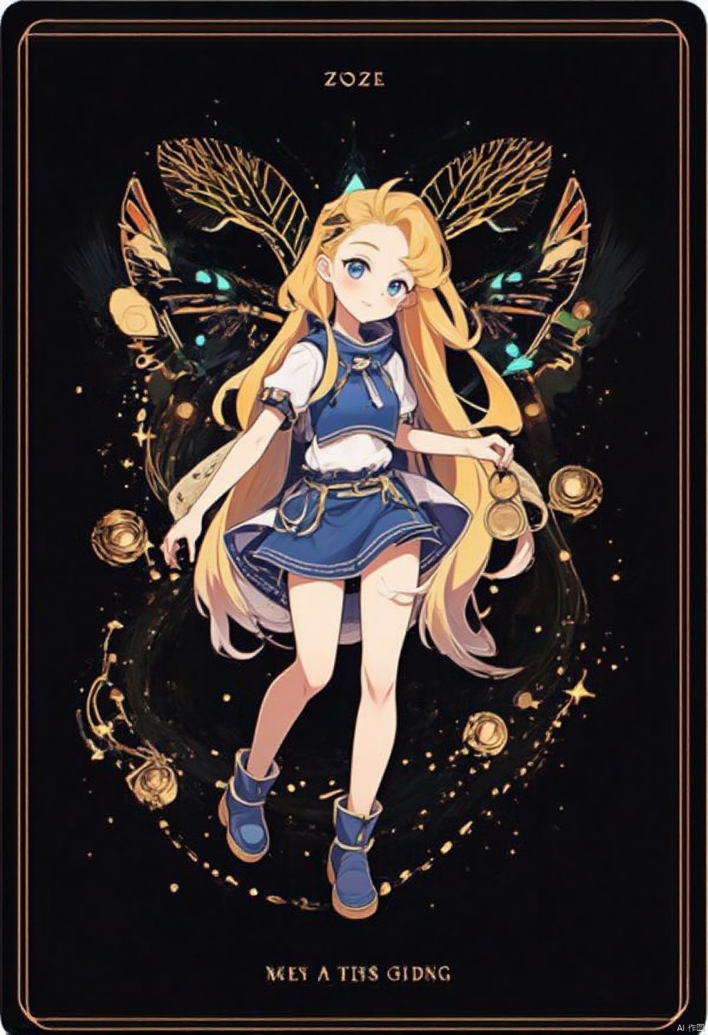 Card design
An animated image of a girl with long blonde hair and blue eyes. She is wearing a blue skirt and blue boots. The girl is holding a gold medal in her right hand. The background of the image is black. The word "ZOZE" is written at the top of the black card. There are white stars on the black background.
