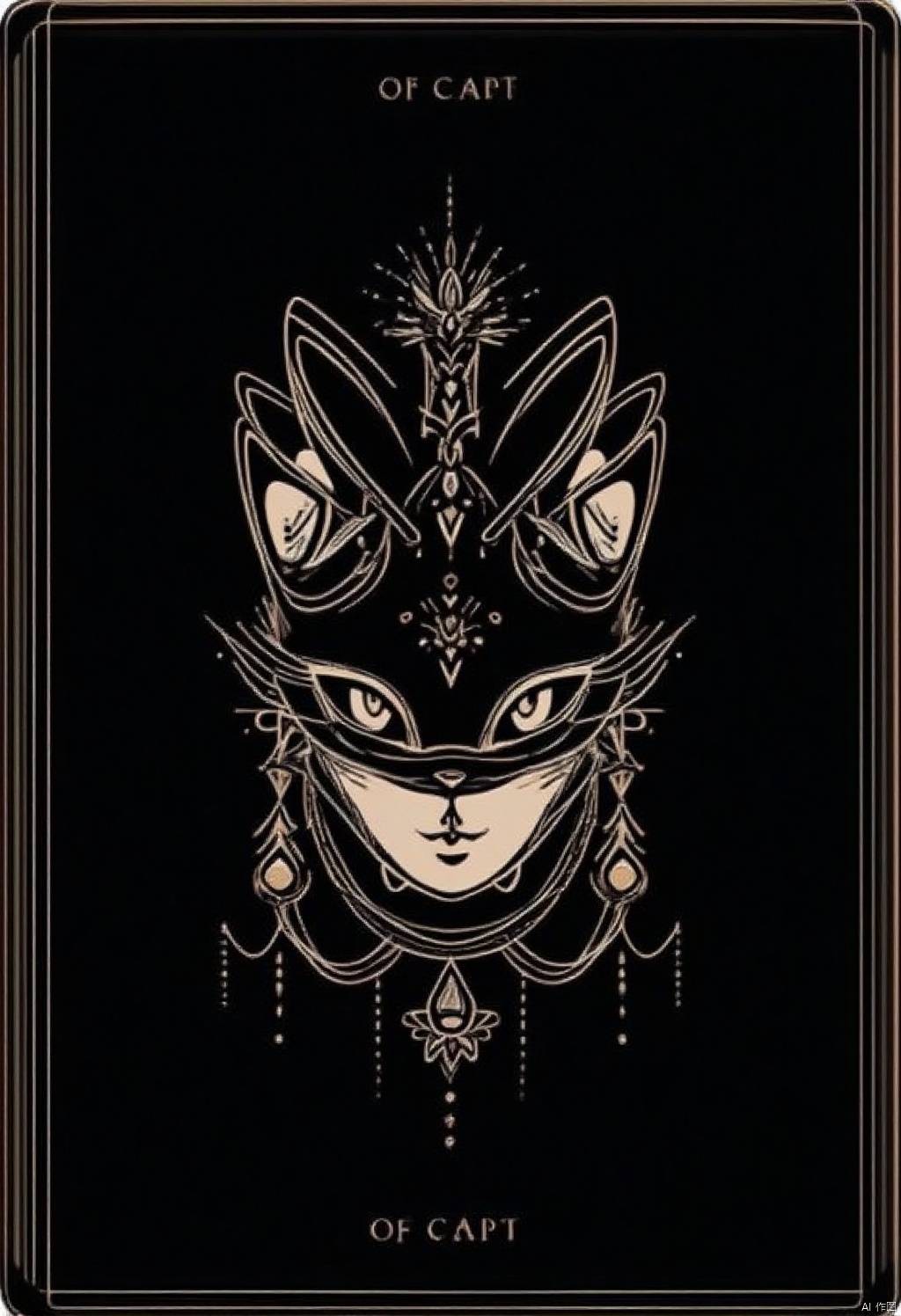Card design,A black playing card with a white cat face in the center of the card. The cat's face is facing towards the left side of the frame. Its eyes are wide open and its ears are pointed up. The ears are white and pointy. The face of the cat is white with a black nose and mouth. There are white lines drawn around the cat's mouth and around the eyes. The card has the word "OF CAPT" at the bottom of it in white letters.
