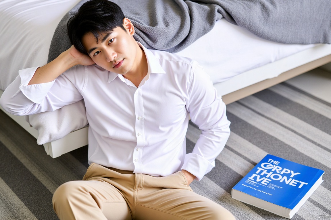 a young Asian man is seated on a gray striped carpeted floor. He is wearing a white button-down long-sleeved shirt and khaki pants. His left hand is resting on his head, while his right hand rests on his hip. His right hand is rested on a blue book with white text on it. A gray blanket is draped over the edge of the bed, adding a touch of warmth to the scene.