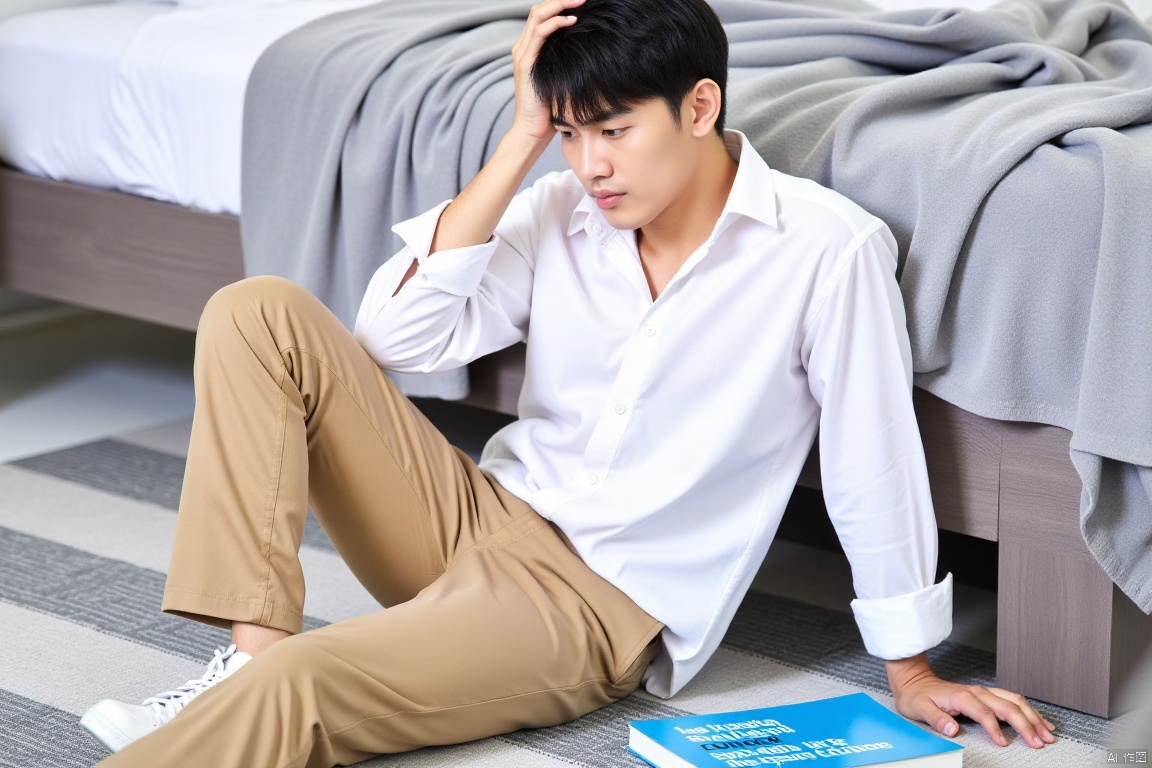 a young Asian man is seated on a gray striped carpeted floor. He is wearing a white button-down long-sleeved shirt and khaki pants. His left hand is resting on his head, while his right hand rests on his hip. His right hand is rested on a blue book with white text on it. A gray blanket is draped over the edge of the bed, adding a touch of warmth to the scene.