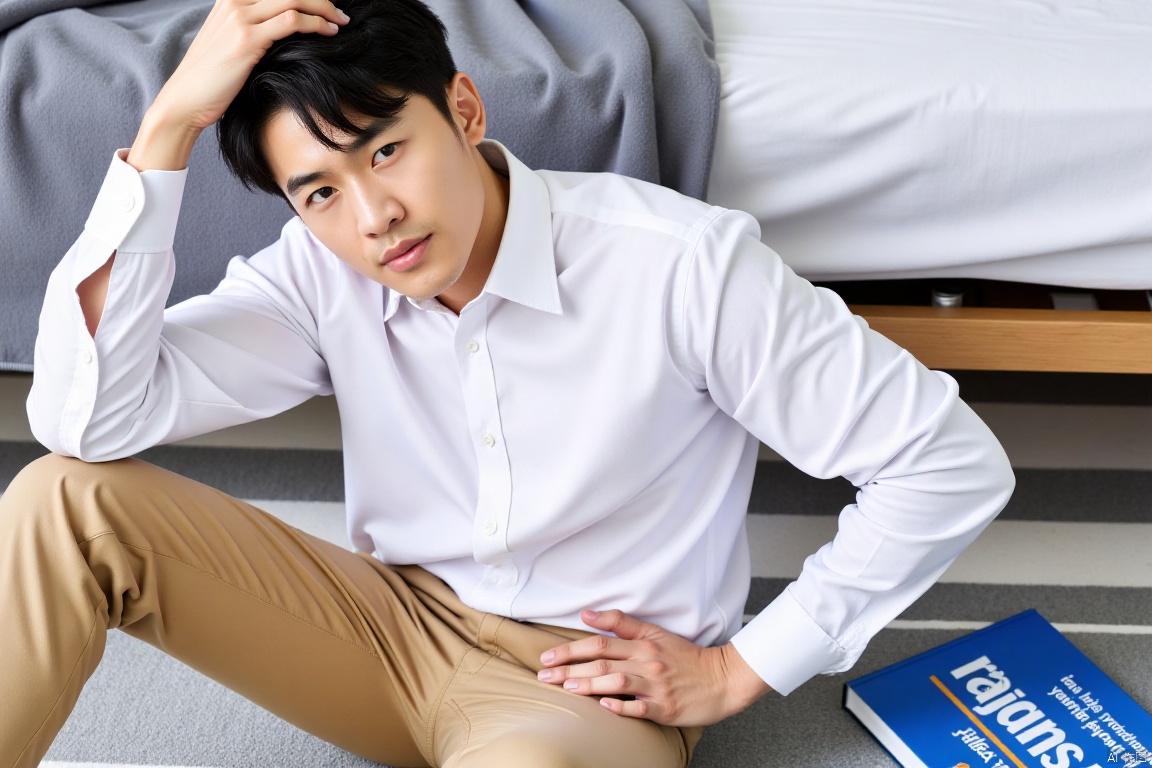 a young Asian man is seated on a gray striped carpeted floor. He is wearing a white button-down long-sleeved shirt and khaki pants. His left hand is resting on his head, while his right hand rests on his hip. His right hand is rested on a blue book with white text on it. A gray blanket is draped over the edge of the bed, adding a touch of warmth to the scene.