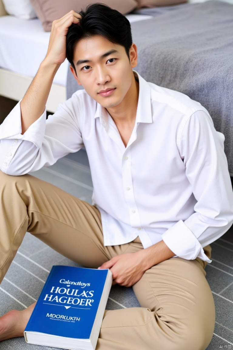 a young Asian man is seated on a gray striped carpeted floor. He is wearing a white button-down long-sleeved shirt and khaki pants. His left hand is resting on his head, while his right hand rests on his hip. His right hand is rested on a blue book with white text on it. A gray blanket is draped over the edge of the bed, adding a touch of warmth to the scene.