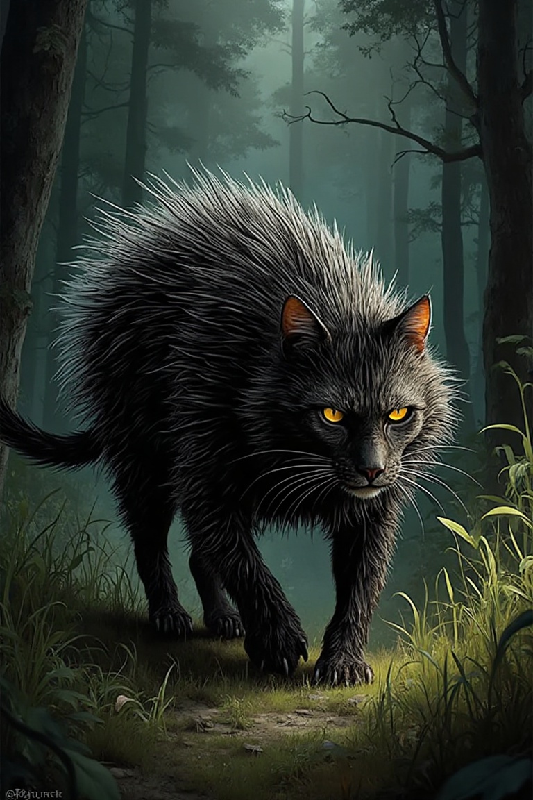 Create a f&Dhybrid of a porcupine-cat,  with the body perfectly blended at 50% each. The upper half has a sleek,  agile ca...