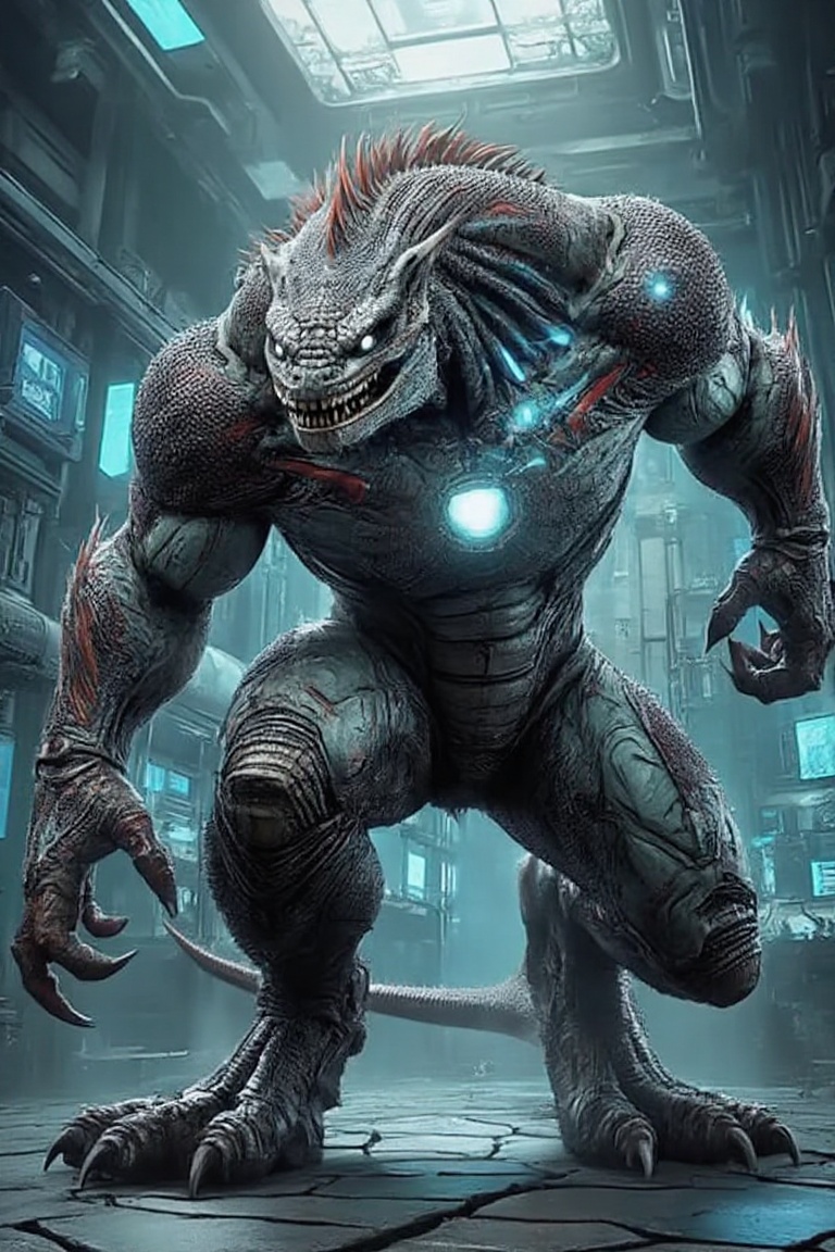 Create a f&Dhybrid of Ironman-lizard,  blending 50% of each. The sleek,  metallic armor of Ironman fuses seamlessly with t...