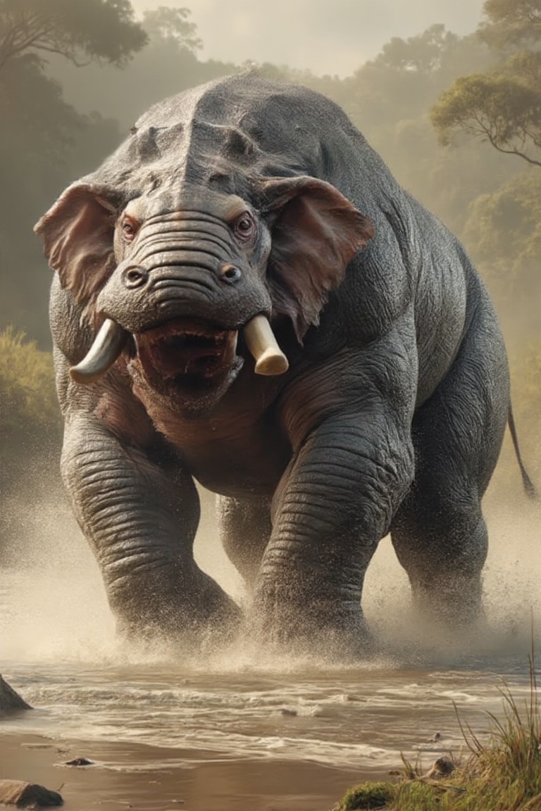 Create a f&Dhybrid of an elephant and a hippopotamus,  blending 50% of each animal. The body is a balanced mix of an eleph...