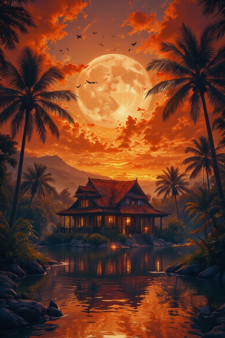an image depicts a serene tropical landscape. The sky is painted with pastel vibrant shades of orange,  creating a warm an...