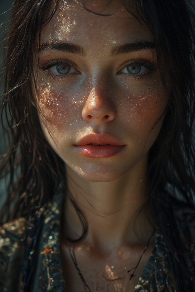 realistic a beautiful brightness dayak girl,  a sweating skin,  wet long loose black hair that unravels beautifully on Ten...