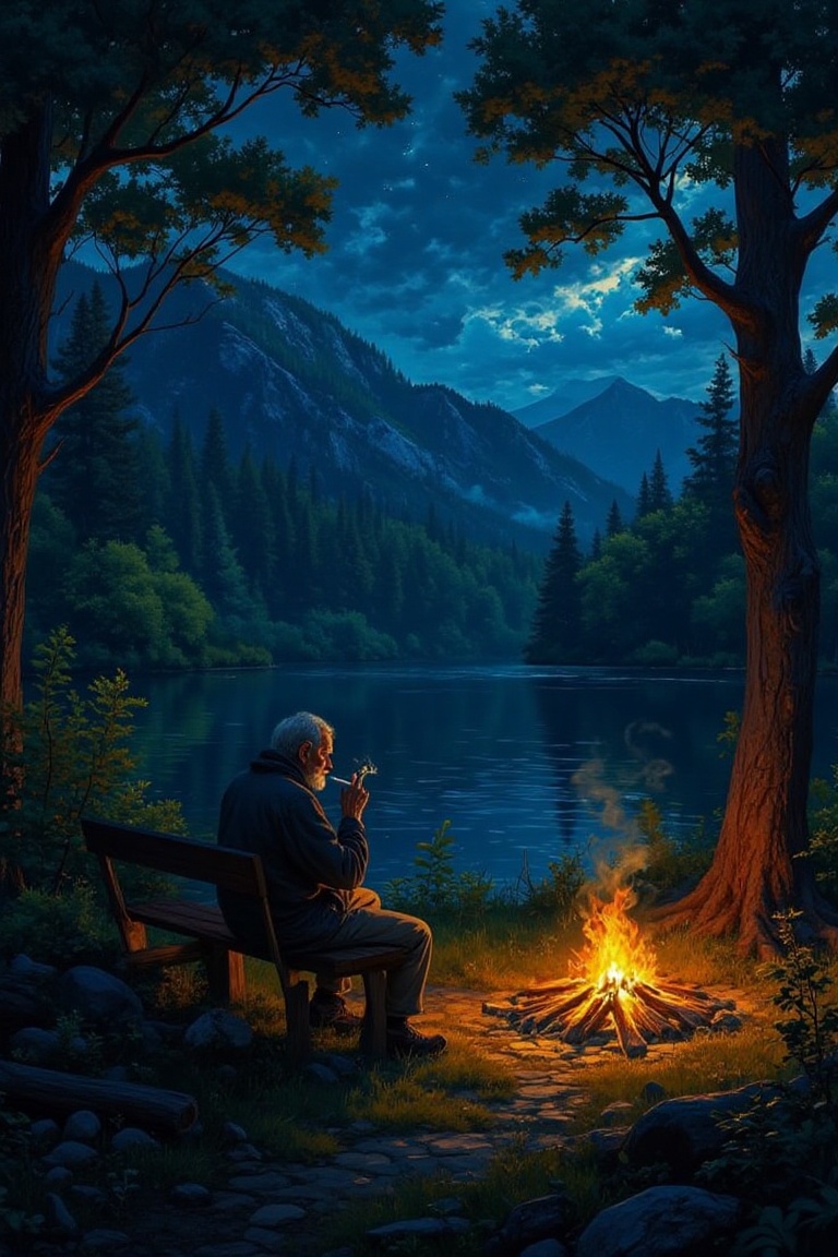 an old man sitting on a bench in a corner at the night rainforest,  camping,  campfire on Tensor.Art