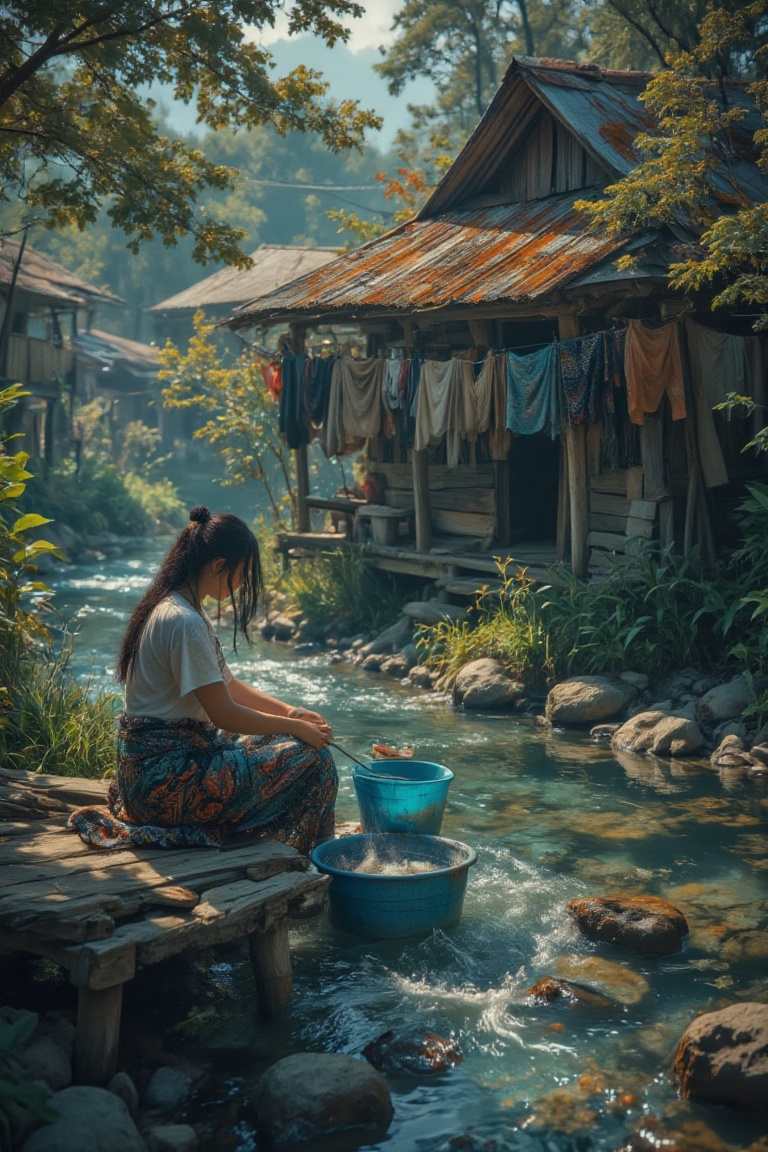 A close-up and detailed rural scene featuring a beautiful brightness and sweater girl sitting on a wooden dock by a flowin...