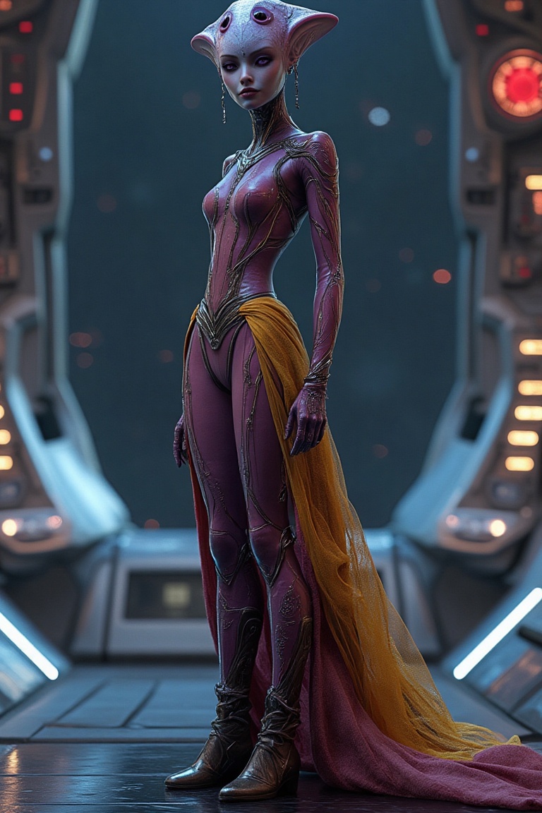 A 3D rendered extraterrestrial woman in a vibrant Halloween dress,  standing confidently on a sleek,  metallic spaceship d...