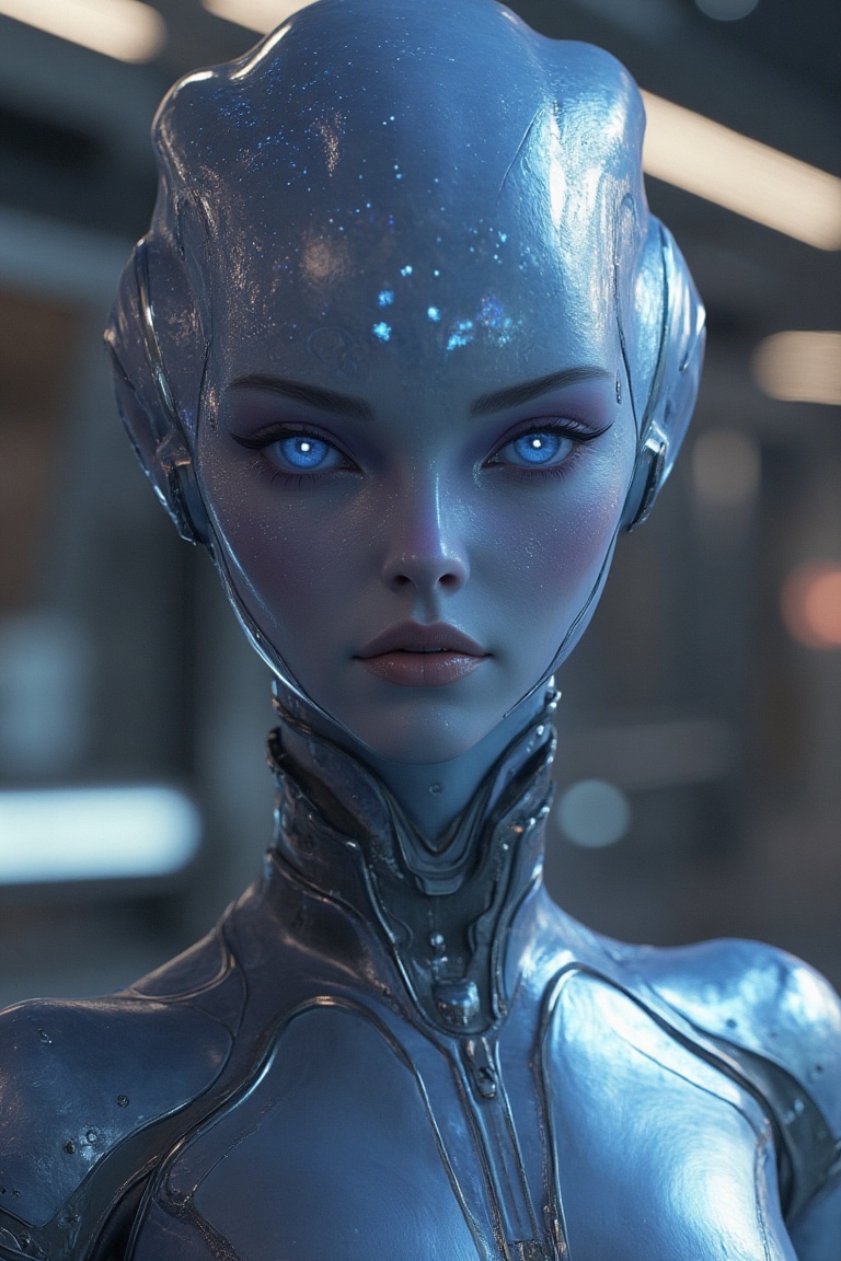 A close-up 3D render of an extraterrestrial beauty woman,  her flawless,  otherworldly features highlighted against the ba...