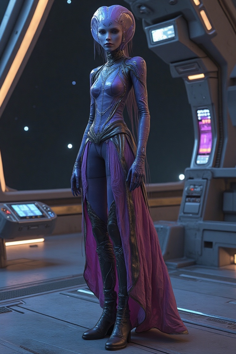 A 3D rendered extraterrestrial woman in a vibrant Halloween dress,  standing confidently on a sleek,  metallic spaceship d...