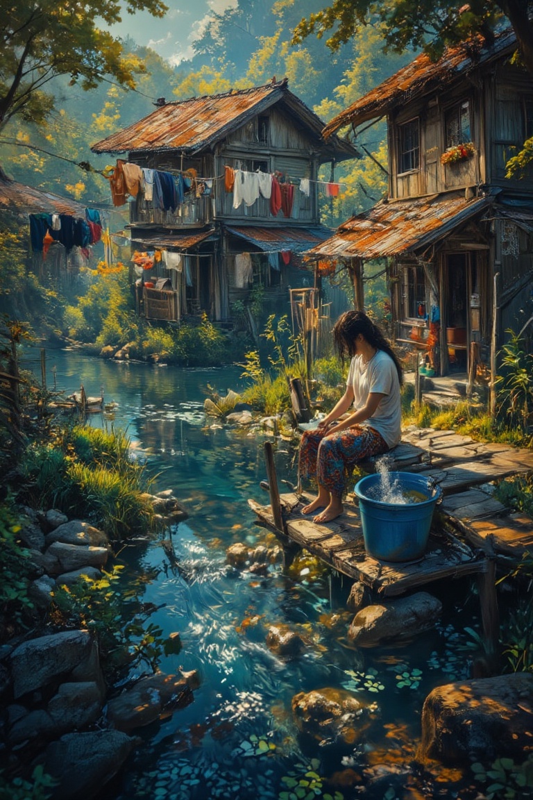 A close-up and detailed rural scene featuring a beautiful brightness and sweater girl sitting on a wooden dock by a flowin...