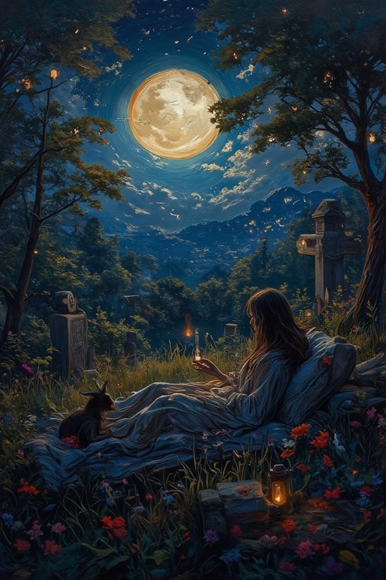 Midnight Picnic: A beautiful malay ghost (pontianak or langsuir) lays on a dry grass under a starlit sky and full moon,  s...