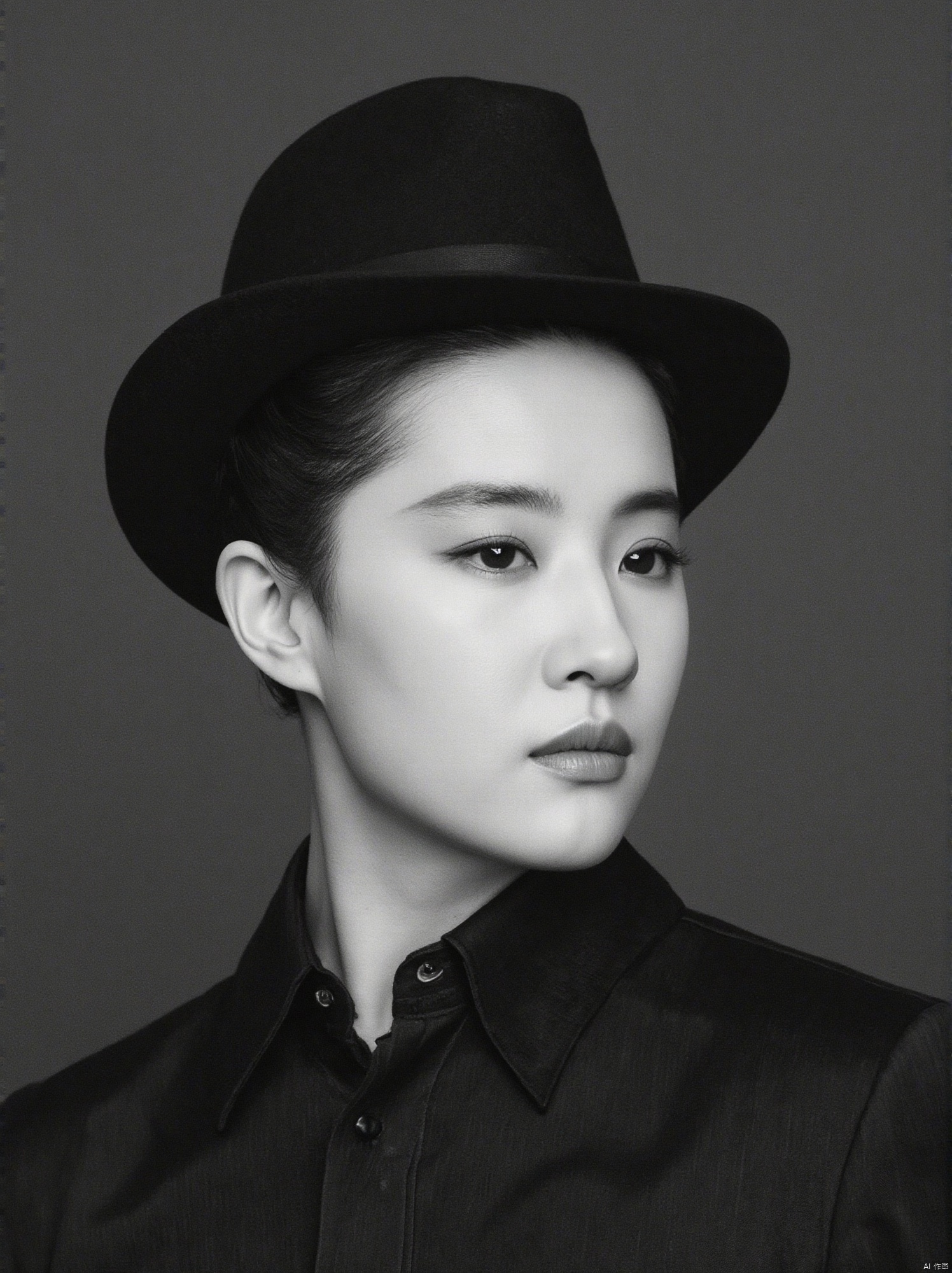 A monochromatic black and white photograph of a man's face. He is wearing a black fedora hat, a black collared shirt, and a black tie. His eyes are dark brown, and he has a serious expression on his face. His hair is short and dark, and his ears are perked up. His lips are slightly parted, as if he is about to go to the right. His eyebrows are a darker shade of brown, while his lips are a lighter shade of black. The background is a dark gray, and there is text on the left side of the image that reads "sunshine".