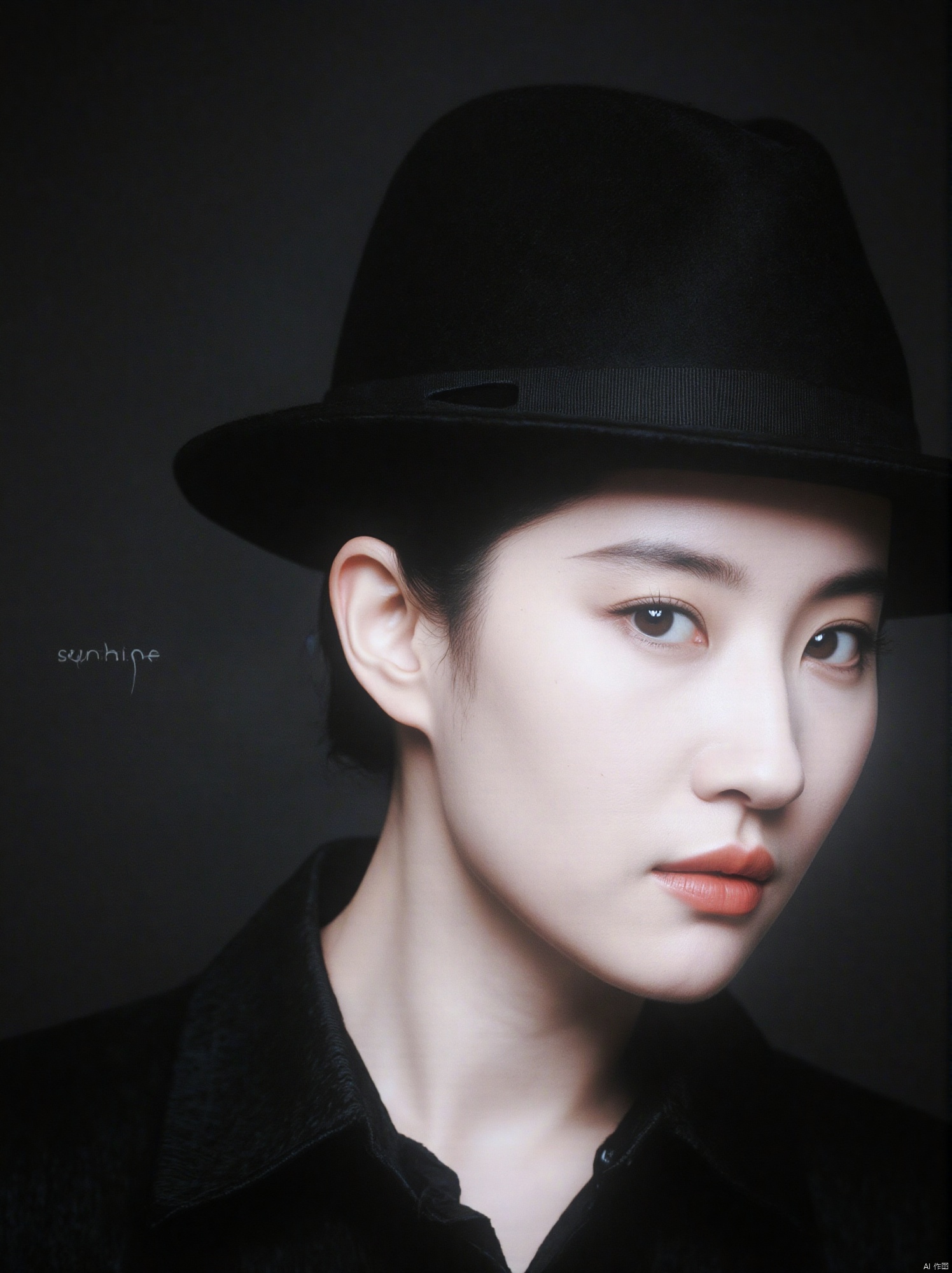 A monochromatic black and white photograph of a man's face. He is wearing a black fedora hat, a black collared shirt, and a black tie. His eyes are dark brown, and he has a serious expression on his face. His hair is short and dark, and his ears are perked up. His lips are slightly parted, as if he is about to go to the right. His eyebrows are a darker shade of brown, while his lips are a lighter shade of black. The background is a dark gray, and there is text on the left side of the image that reads "sunshine".