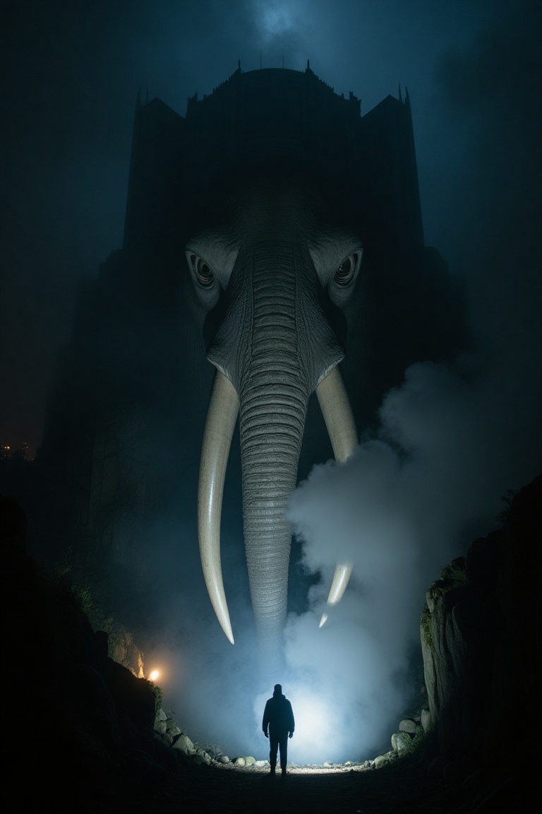 A colossal behemoth's face lit by flashlight,  behind buldings,  skyscrappers on Tensor.Art