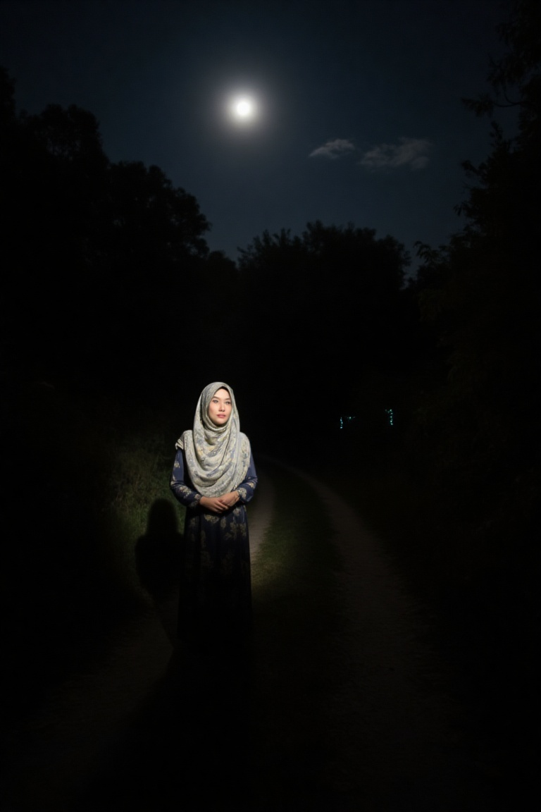 Pretty hijab woman lit by flashlight,  on dirt pathway near a haunted house,  full moon on Tensor.Art