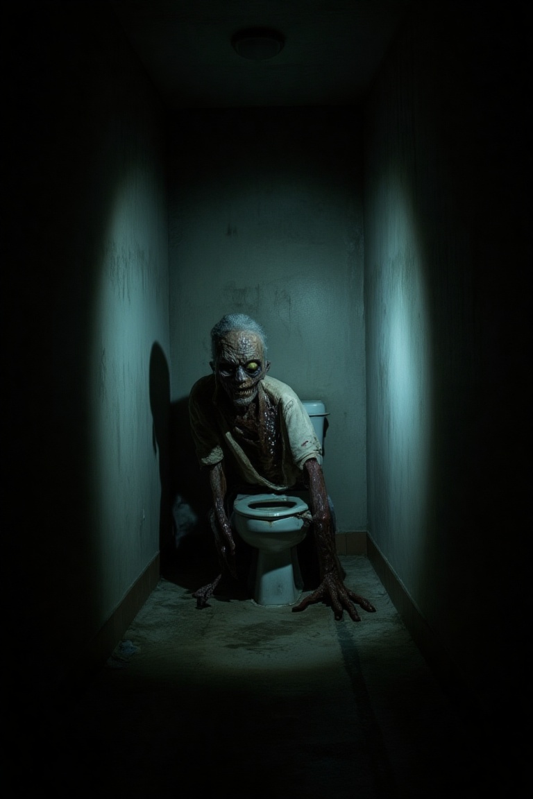 zombie lit by flashlight,  crawl on the toilet on Tensor.Art