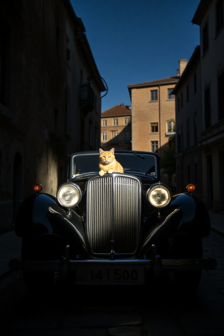 a yellow cat on the ho0d of 1937 Duesenberg SJ Coupé de Ville by Rollson for Rudolf Bauer,  lit by a flash light,  under t...