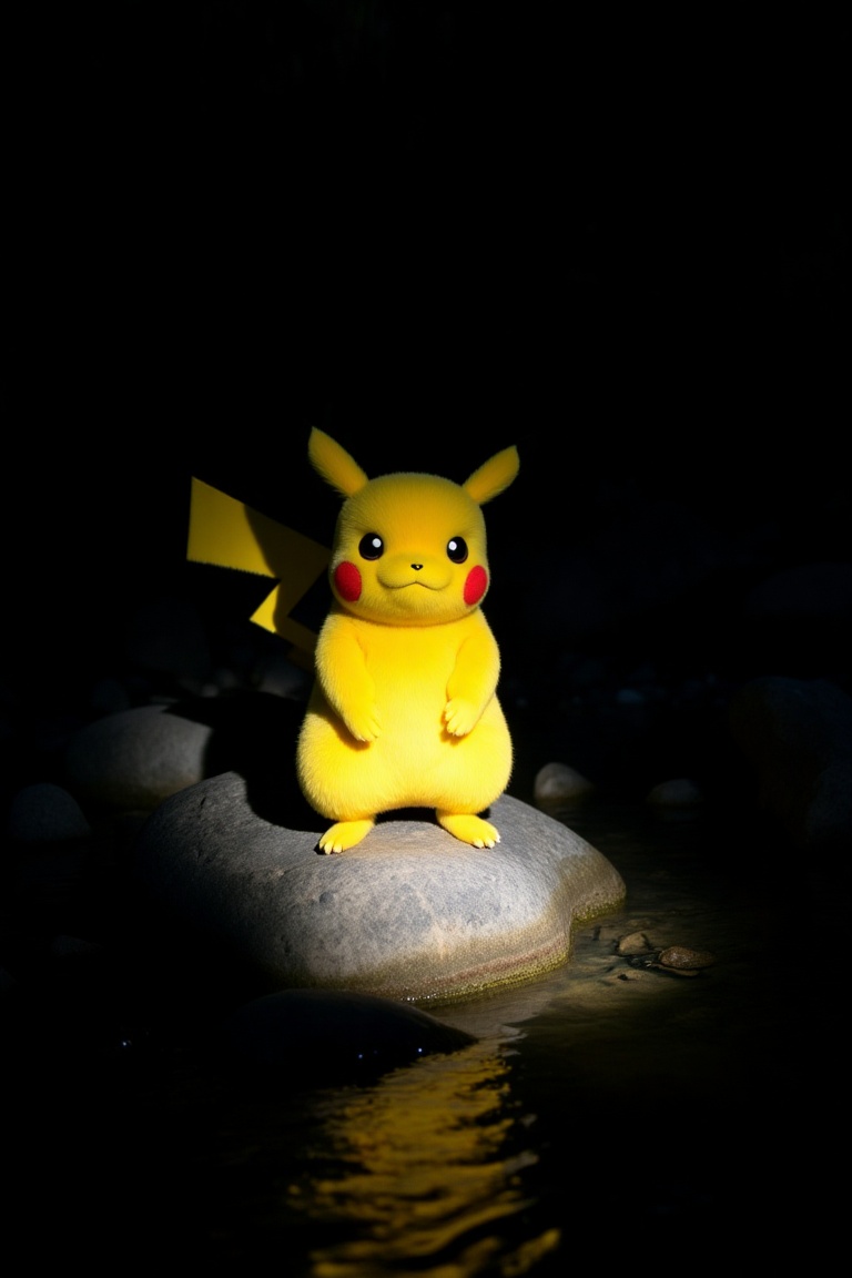 pikachu lit by flashlight,  stand on the stone at the shallow river on Tensor.Art