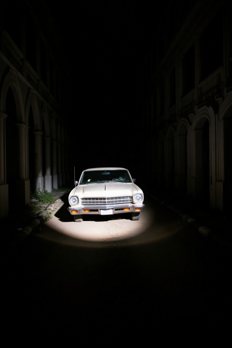 classic car lit by flashlight,  dirt street,  abandoned city ruins on Tensor.Art
