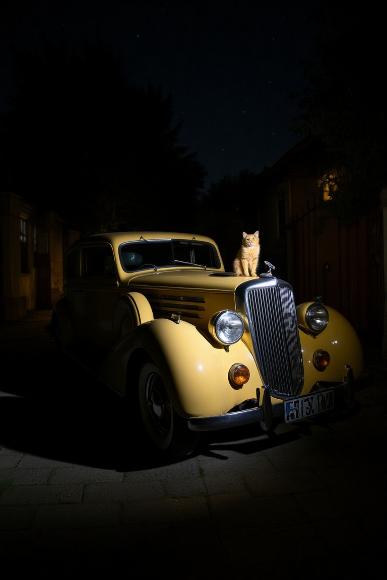 a yellow cat on the ho0d of 1937 Duesenberg SJ Coupé de Ville by Rollson for Rudolf Bauer,  lit by a flash light,  under t...