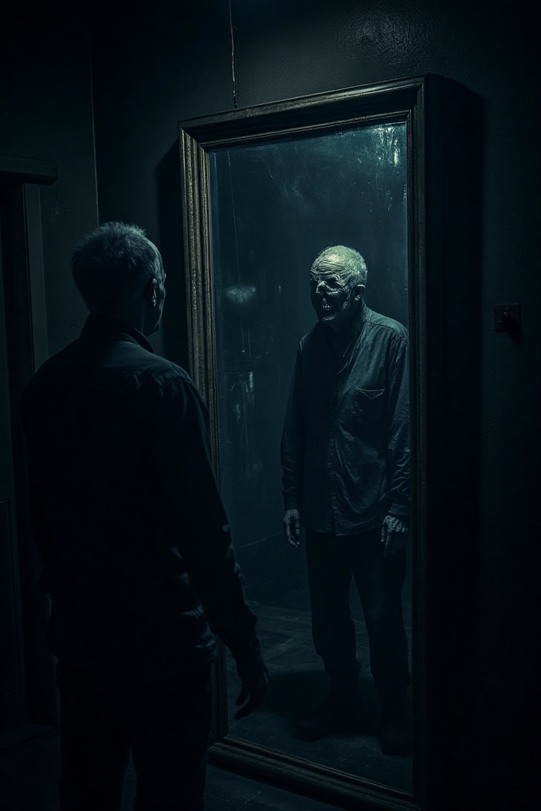 A spooky,  dimly lit room with a large,  antique mirror. An old man stands before it on Tensor.Art