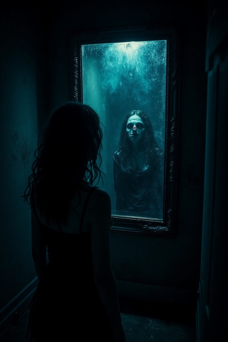 A spooky,  dimly lit room with a large,  ornate mirror. The woman stands before it on Tensor.Art