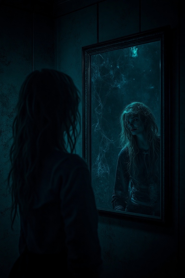 A spooky,  dimly lit room with a large,  ornate mirror. The woman stands before it on Tensor.Art