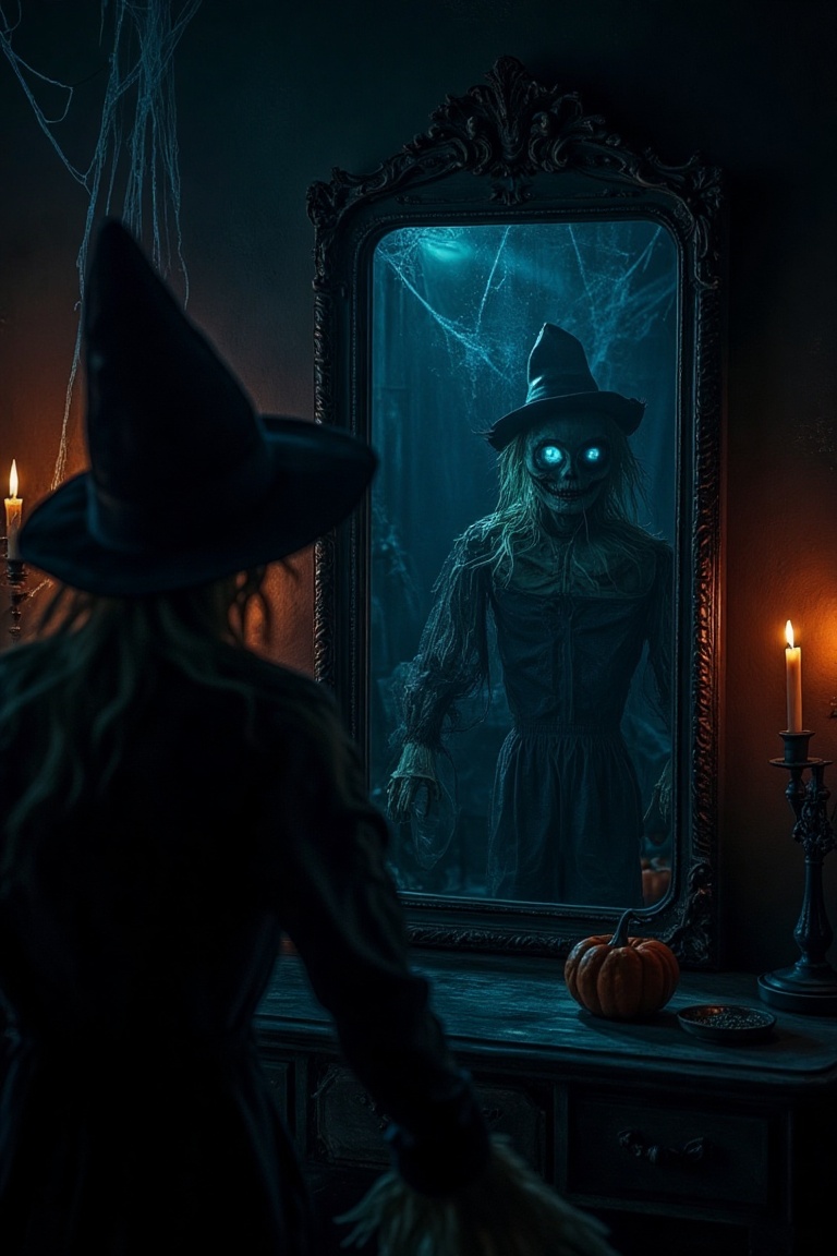 A spooky,  dimly lit room with a large,  antique mirror. A scarecrow stands before it on Tensor.Art