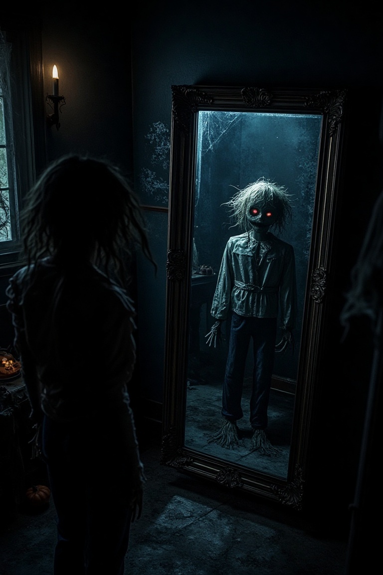 A spooky,  dimly lit room with a large,  antique mirror. A scarecrow stands before it on Tensor.Art