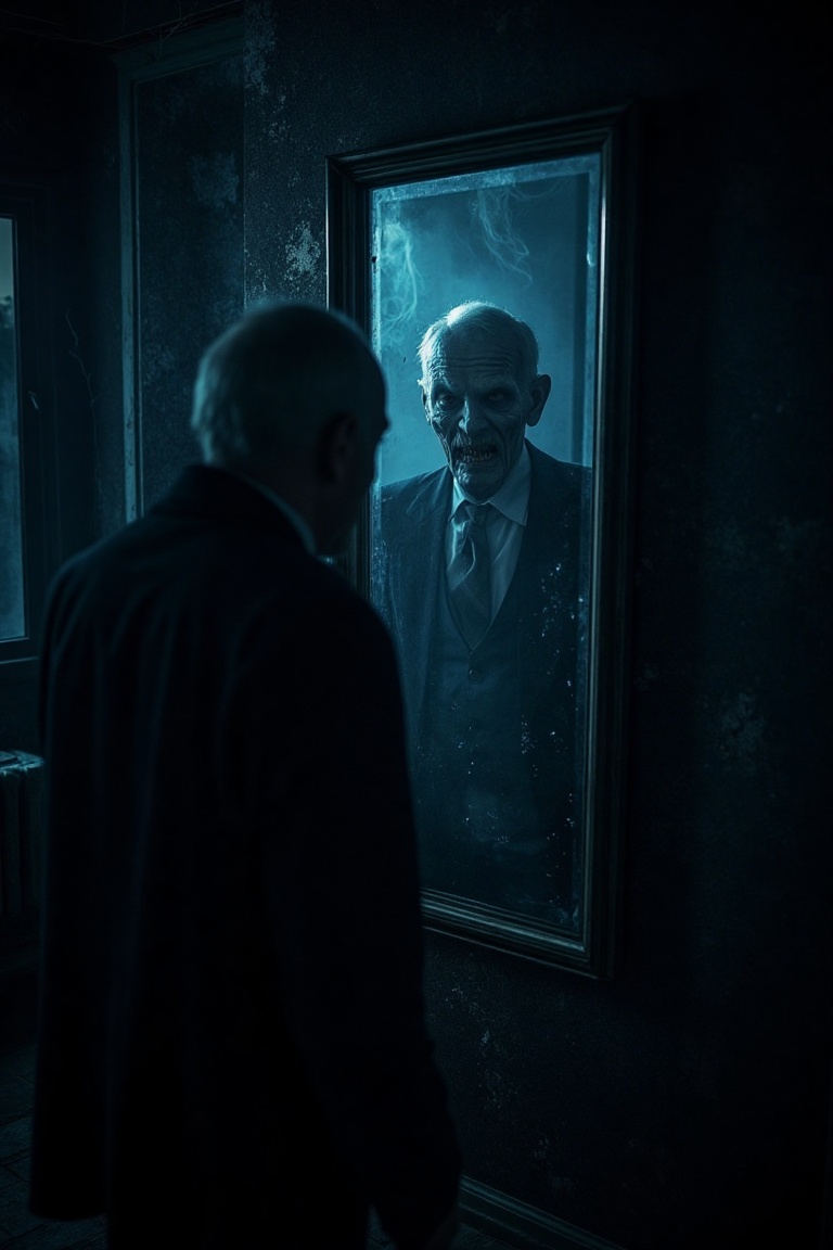 A spooky,  dimly lit room with a large,  antique mirror. An old man stands before it on Tensor.Art