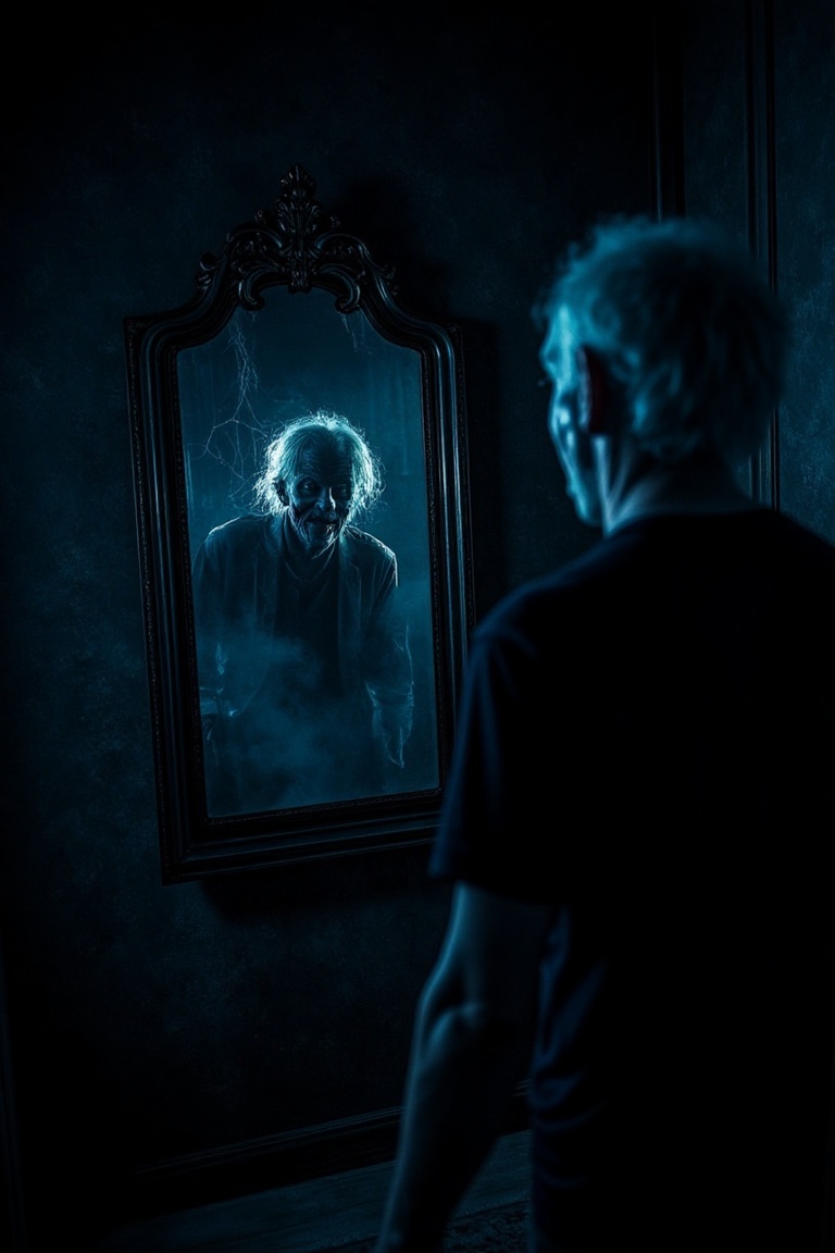 A spooky,  dimly lit room with a large,  antique mirror. An old man stands before it on Tensor.Art