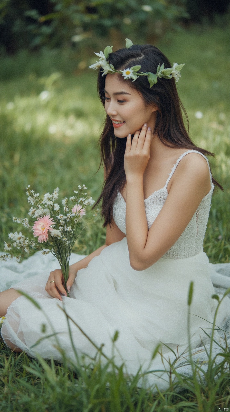 In the garden, a woman in a white dress sits quietly among the flowers with a smile. She wears a wreath on her head and the hem of her skirt gently rests on the grass, as if she is one with nature. She held a bouquet of flowers in her hand and smelled the fragrance with a smile, her face filled with a smile of happiness and satisfaction. Her eyes are gentle and deep, as if she is having a spiritual dialogue with nature.,plns,cher