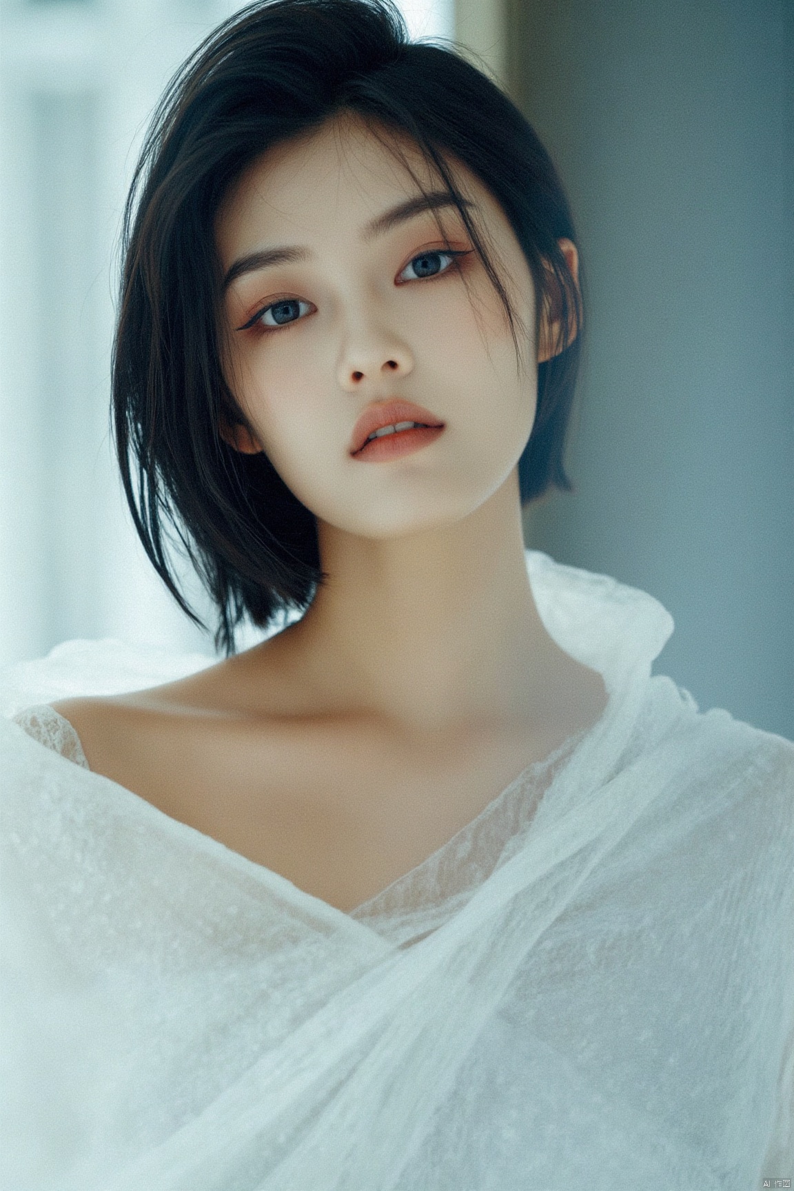 1girl, white_background, ((beautiful face)), extremely delicate facial, the creamy smooth skin, (extremely detailed cg 8k wallpaper), (upper body:1.5),(cyan clothes:1.3),bares shoulder,Transparent light white yarn,Glowing ambiance,enchanting radiance,luminous lighting,ethereal atmosphere,evocative hues,captivating coloration,dramatic lighting,enchanting aura,masterpiece,best quality,1girl,girl with a weak temperament,epic cinematic,soft nature lights,rim light,absurd,amazing,funny,itricate,hyper detailed,ultra realistic,soft colorsbest quality,ultra detailed,masterpiece,plns,cher
