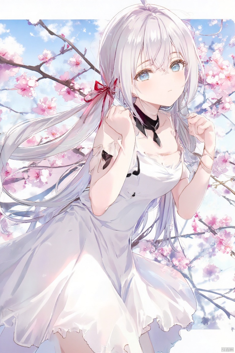 An animated image of a white girl with long blonde hair and blue eyes. She is wearing a white dress with a black collar around her neck. Her dress is draped over her shoulders and she is holding her hands up in the air. There are pink flowers on the branches behind her. The background is a light blue sky.,Dsmile