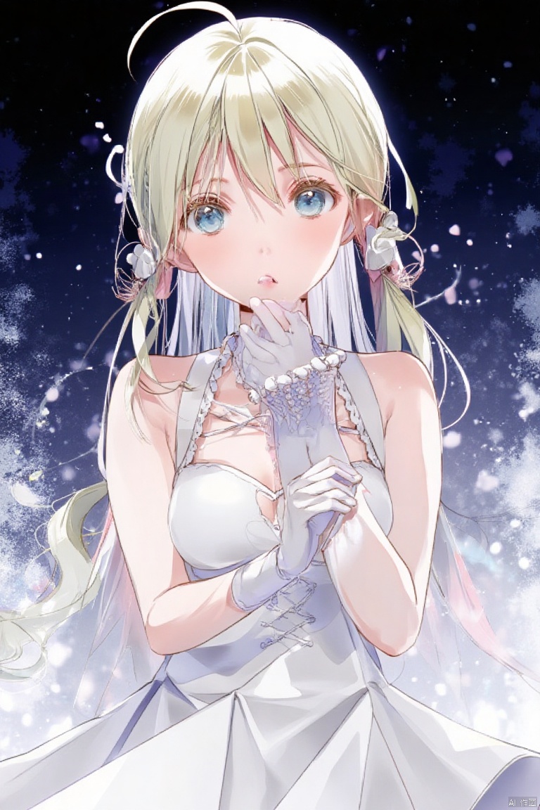 An animated image of an anime girl with long blonde hair and blue eyes. She is wearing a white dress and white gloves. Her hands are covered with white pearls. The background is dark, and there are white dots on the left side of the image.,Dsmile