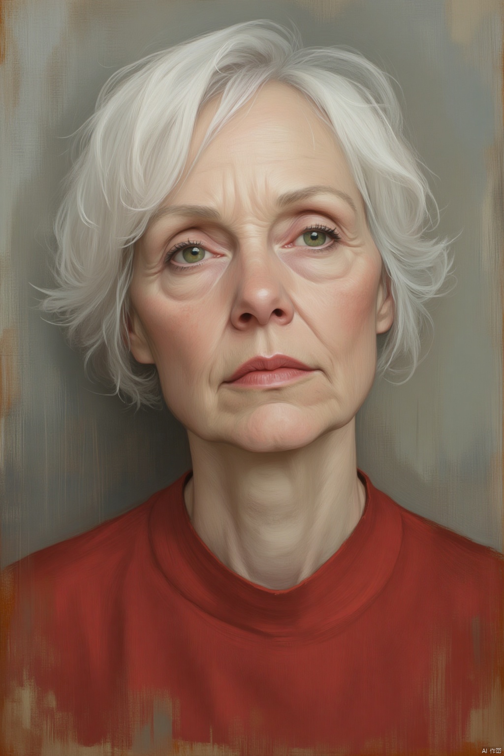 OBxiaoxiang,
This image is a hyperrealistic digital painting featuring a close-up portrait of a middle-aged woman with a contemplative expression. The woman has short, tousled, platinum blonde hair that frames her face, with a few strands falling across her forehead. Her skin is fair and has a textured, slightly weathered appearance, with fine lines and a subtle blush of pink on her cheeks. Her eyes are a striking green, with a soft, almost dreamy look. She has full, slightly parted lips painted in a natural, muted red.
She is wearing a simple, high-necked, red top that contrasts sharply with her pale complexion. The background is a blurred, abstract mix of muted earth tones, primarily grays and browns, which helps to highlight the subject and avoid distractions. The painting style is hyperrealistic, with meticulous attention to detail in the textures and lighting. The brushstrokes are smooth but evident, adding a sense of depth and realism to the image. The overall mood of the painting is introspective and serene, capturing a moment of deep thought or reflection. The digital medium allows for a high level of detail and precision, making the portrait both lifelike and emotionally engaging.