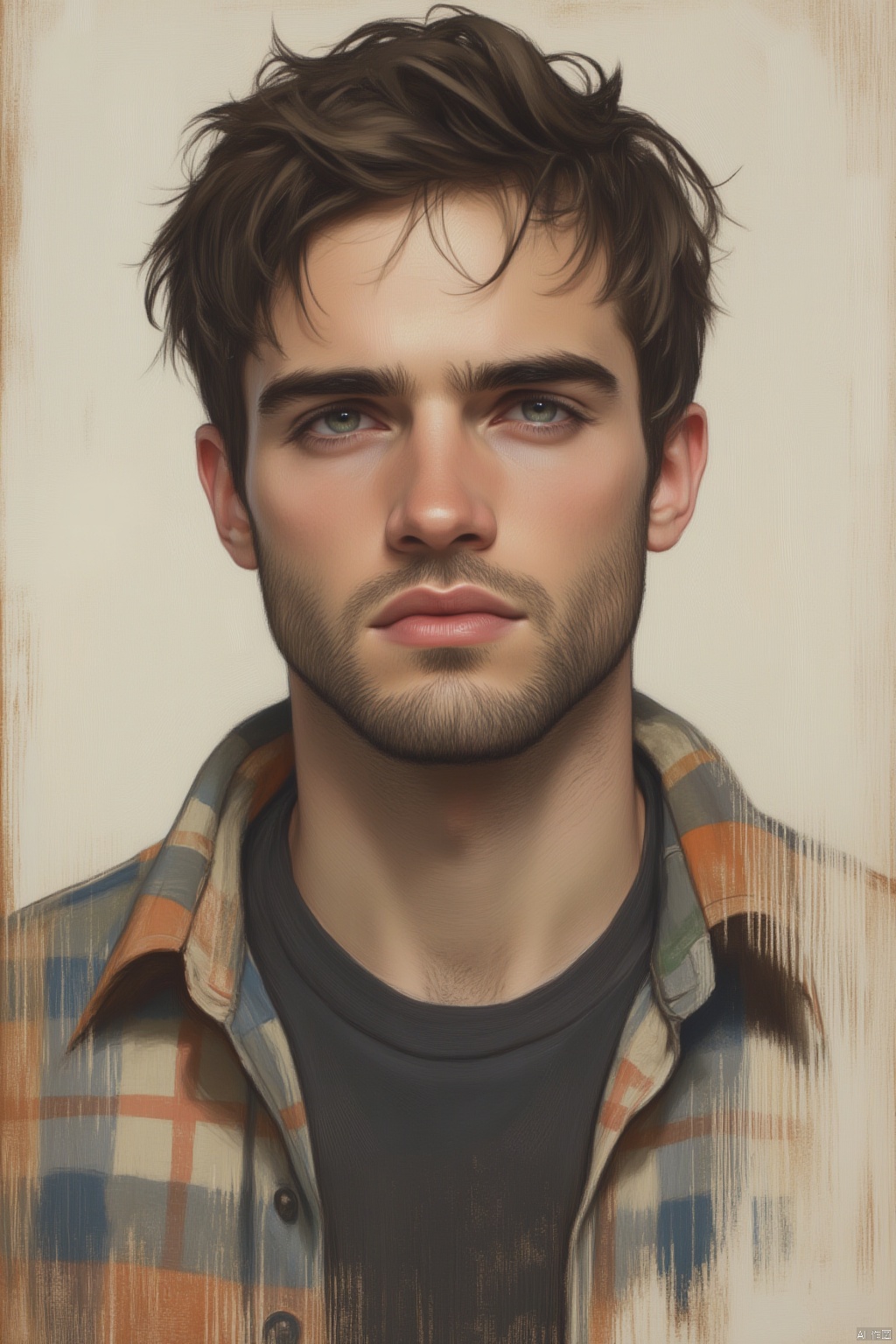 OBxiaoxiang,
A portrait of a man with dark brown hair and a beard. He is wearing a plaid shirt with a black collar. His eyes are a piercing blue and he has a serious look on his face. The background is a light beige color with a rough texture. The man's hair is pulled back and cascades over his shoulders. His eyebrows are a dark brown color. He has a slight smile on his lips.