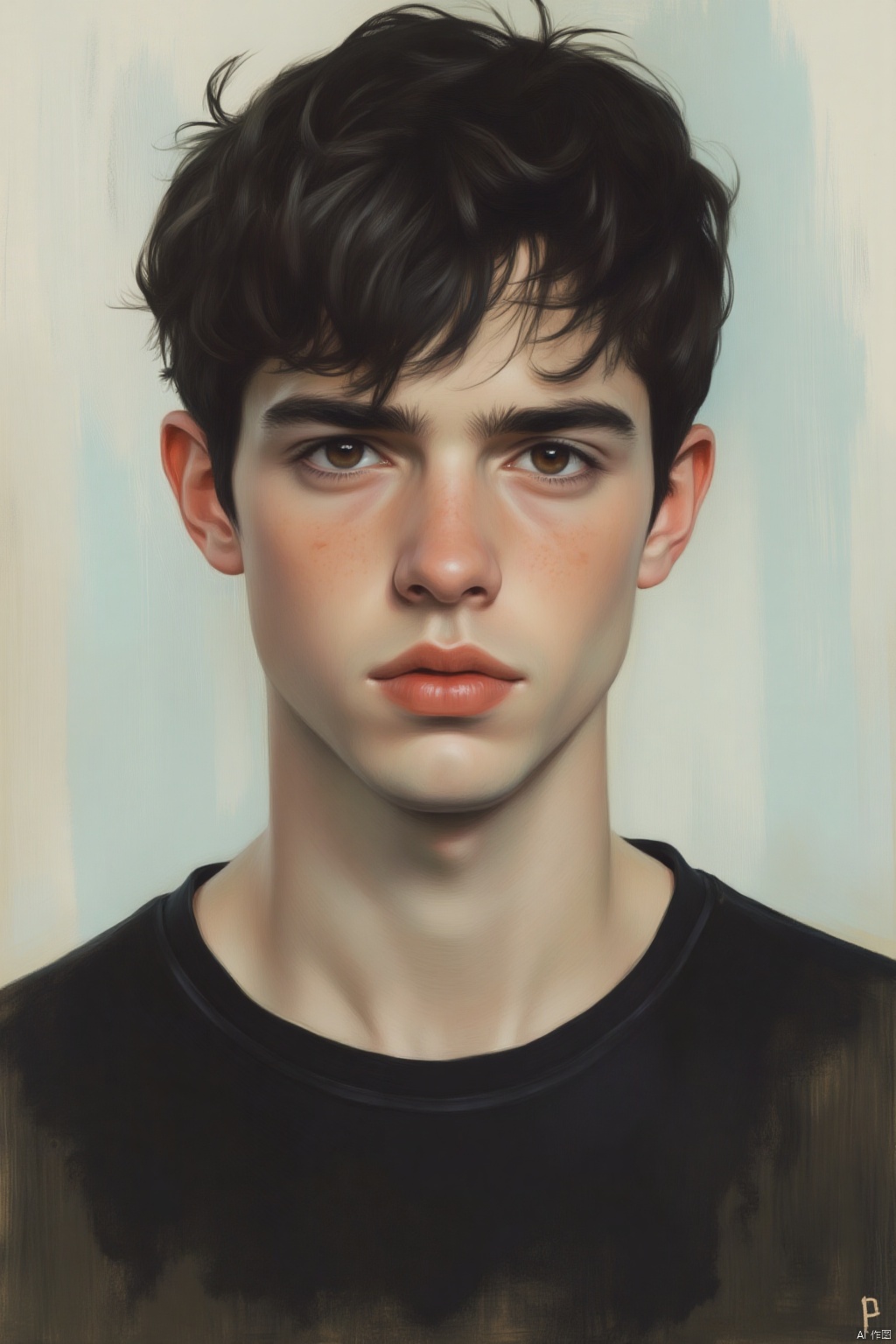 OBxiaoxiang,
This image is a highly detailed, realistic digital painting of a young man. The painting employs a hyperrealistic style, characterized by its meticulous attention to texture and shading. The subject has a fair, slightly tanned complexion with a symmetrical face. His dark, wavy hair is slightly tousled, framing his face and falling slightly over his forehead. His expression is neutral, with a slight hint of seriousness, and his eyes are a deep, penetrating brown. He has a strong, chiseled jawline and a prominent nose, contributing to a somewhat masculine appearance.
He is wearing a plain black t-shirt, which contrasts with his fair skin, emphasizing his facial features. The background is a blend of muted colors, primarily light beige and soft blues, with vertical streaks of darker shades adding depth and a sense of movement. The painting is executed with a mix of smooth and textured brushstrokes, giving it a painterly feel while maintaining the sharpness and clarity of a digital medium. The artist's signature, "P," is visible in the lower right corner. The overall mood of the painting is somber and introspective, with a focus on the subject's intense gaze and thoughtful demeanor.