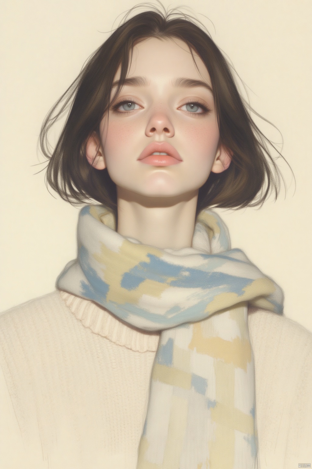 OBxiaoxiang,
This image is a digital illustration featuring a young woman with a serene and slightly melancholic expression. She has fair skin, a delicate nose, and full, slightly parted lips with a natural, neutral pink hue. Her large, almond-shaped eyes are a striking blue, framed by thick, dark lashes. Her hair is shoulder-length, dark brown, and slightly tousled, with a few strands framing her face.
She is dressed in a light-colored, textured sweater that appears to be knitted, with subtle patterns and a soft, cozy feel. Around her neck, she wears a scarf with a geometric pattern in shades of blue, white, and yellow, adding a touch of warmth and texture to the image. The background is a plain, light beige, which helps to focus attention on the subject.
The style of the illustration is realistic with a soft, painterly quality, characterized by smooth transitions and a gentle blending of colors. The artist has used subtle shading and highlights to create a three-dimensional effect, enhancing the realism of the subject. The overall mood of the image is introspective and contemplative, capturing a moment of quiet reflection.