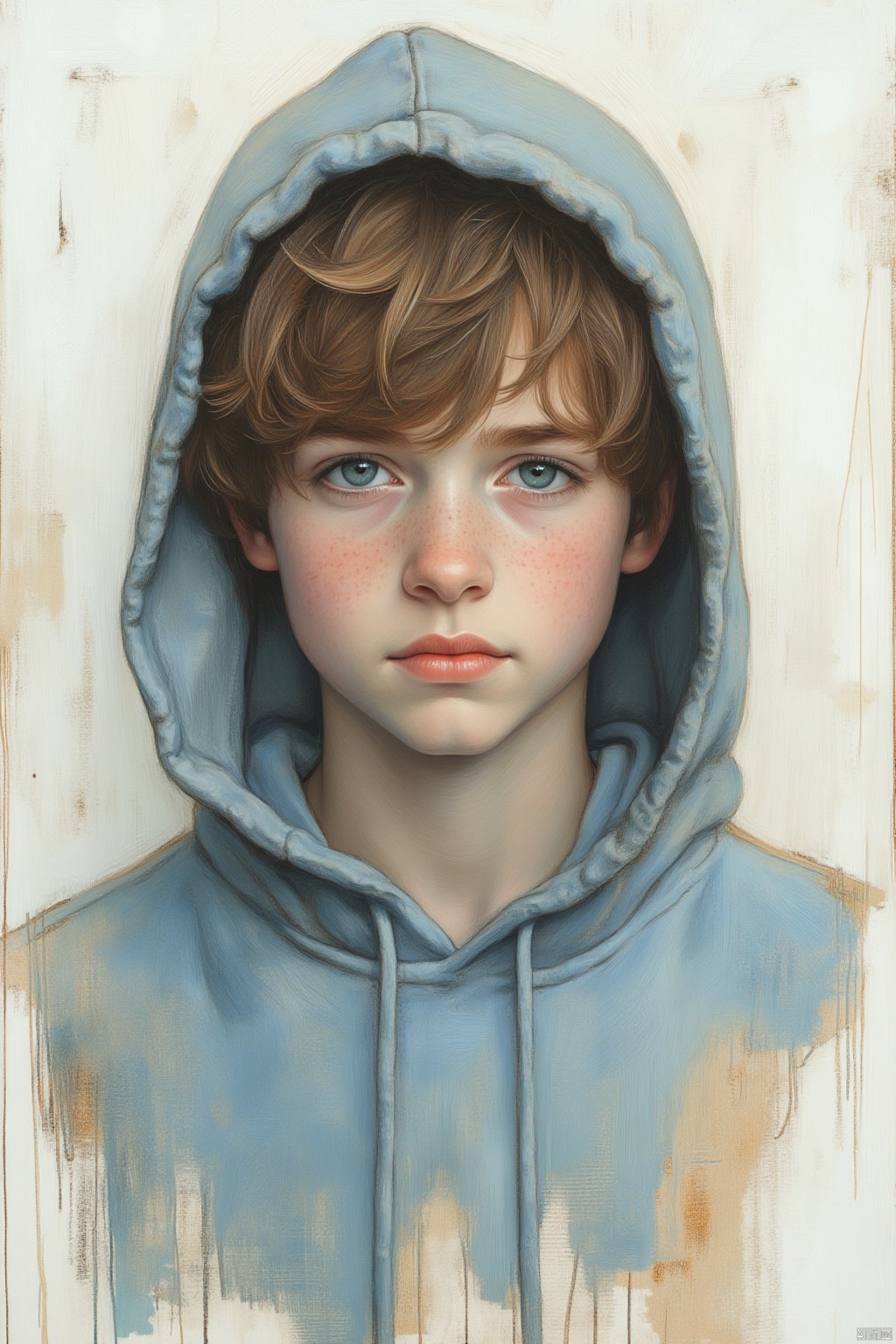 OBxiaoxiang,
A medium-sized portrait of a young boy with brown hair and blue eyes. The boy's eyes are a piercing blue
and he's wearing a light blue hooded sweatshirt with a hood over it. His eyebrows are a darker shade of brown
and his lips are a lighter shade of pink. He is standing in front of a white wall that has a rough texture. The wall is a light beige color
and there is a rough rough texture on the wall behind the boy.