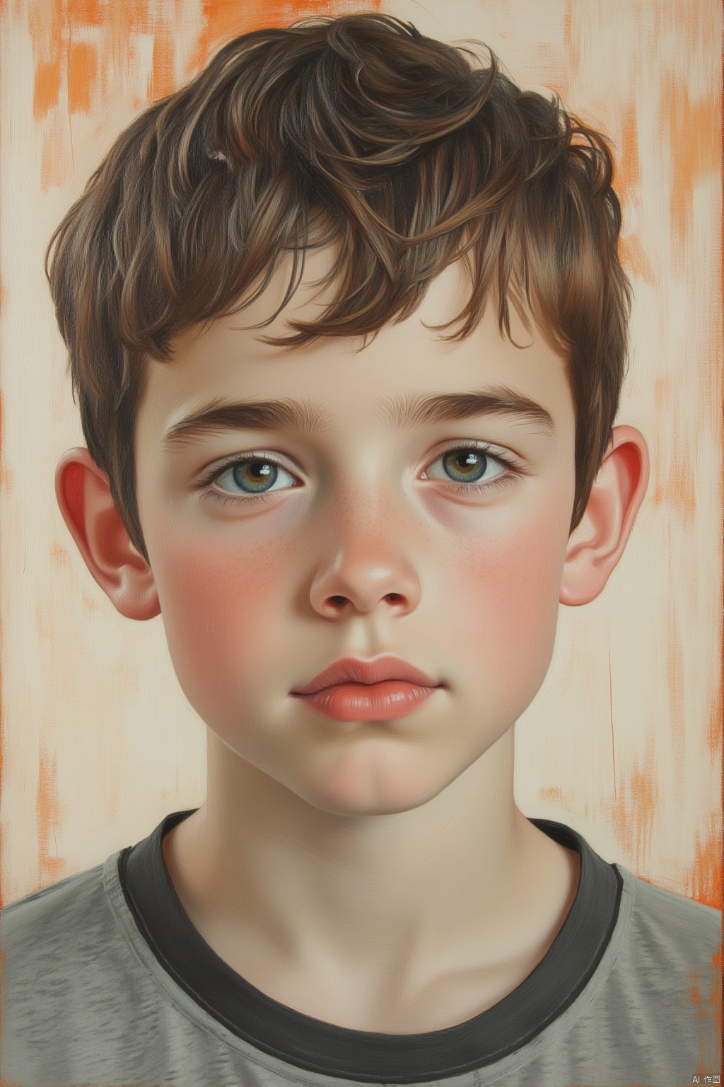 OBxiaoxiang,
A medium-sized painting of a boy's face is depicted in a close-up shot. The boy's eyes are a piercing blue
and he has short brown hair. His eyebrows are a darker shade of brown
and his lips are a lighter shade of pink. He is wearing a gray and black t-shirt with a black collar. The background of the painting is a light brown
with orange streaks.