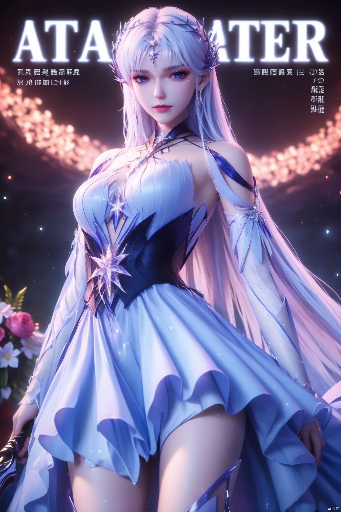score_9,score_8_up,score_7_up,source_anime,Close-up details,realistic style photo young woman,solo,
Use soft lighting to cast gentle shadows on the subject,adding a touch of dimension to your images without compromising details,ear_ornament,forehead_jewel,hair_ornament,eyelashes,makeup,red lipstick,pale skin,makeup,flowers background,white_background,whirls of vapor,iridescent textures,(Anime:1.1),soft neon light,ethereal ambiance,delicate details,magical atmosphere,concept art,highly detailed,ultra-high resolution,32K UHD,sharp focus,best-quality,masterpiece,golden hour,unconventional supreme masterpiece,masterful details,temperate atmosphere,with a high-end texture,in the style of fashion photography,magazine cover,Dynamic Angle,Dynamic posture,magazine cover,Dynamic Angle,Dynamic posture,indoor,
1girl, solo, long hair, breasts, looking at viewer, hair ornament, dress, bare shoulders, jewelry, weapon, white hair, earrings, detached sleeves, thigh strap, blue dress,close-up,