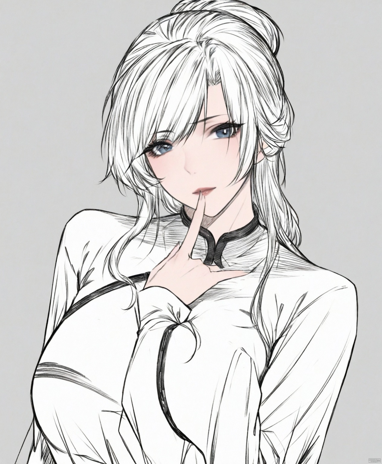 solo,highly detailed,(best quality),((masterpiece)),1girl,simple background,looking at viewer,long sleeves,updo,upper body,ge,