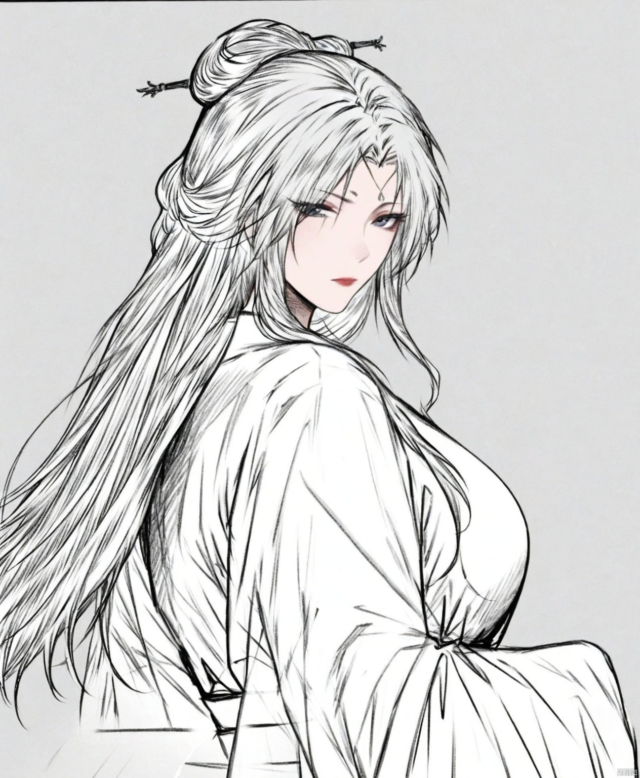 solo,highly detailed,(best quality),((masterpiece)),1girl,simple background,looking at viewer,long sleeves,updo,upper body,ge,hanfu,cx