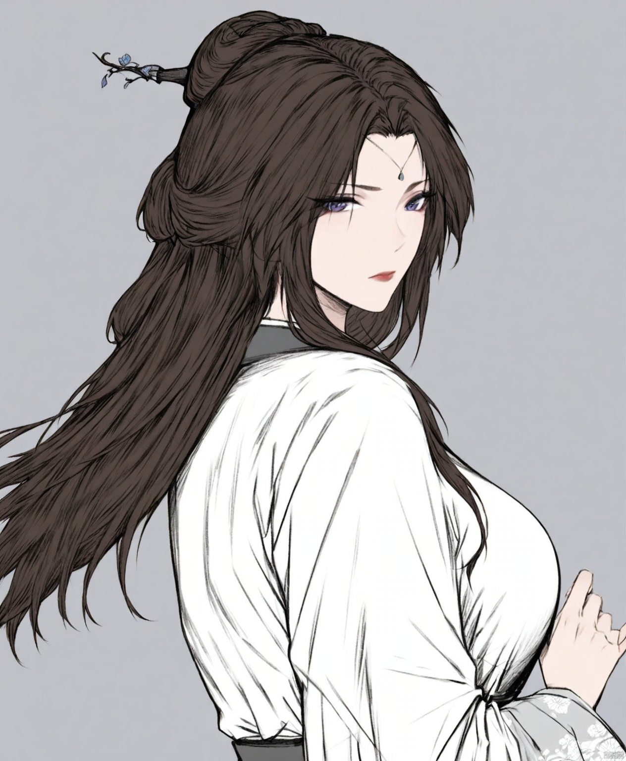 solo,highly detailed,(best quality),((masterpiece)),1girl,simple background,looking at viewer,long sleeves,updo,upper body,ge,hanfu,cx