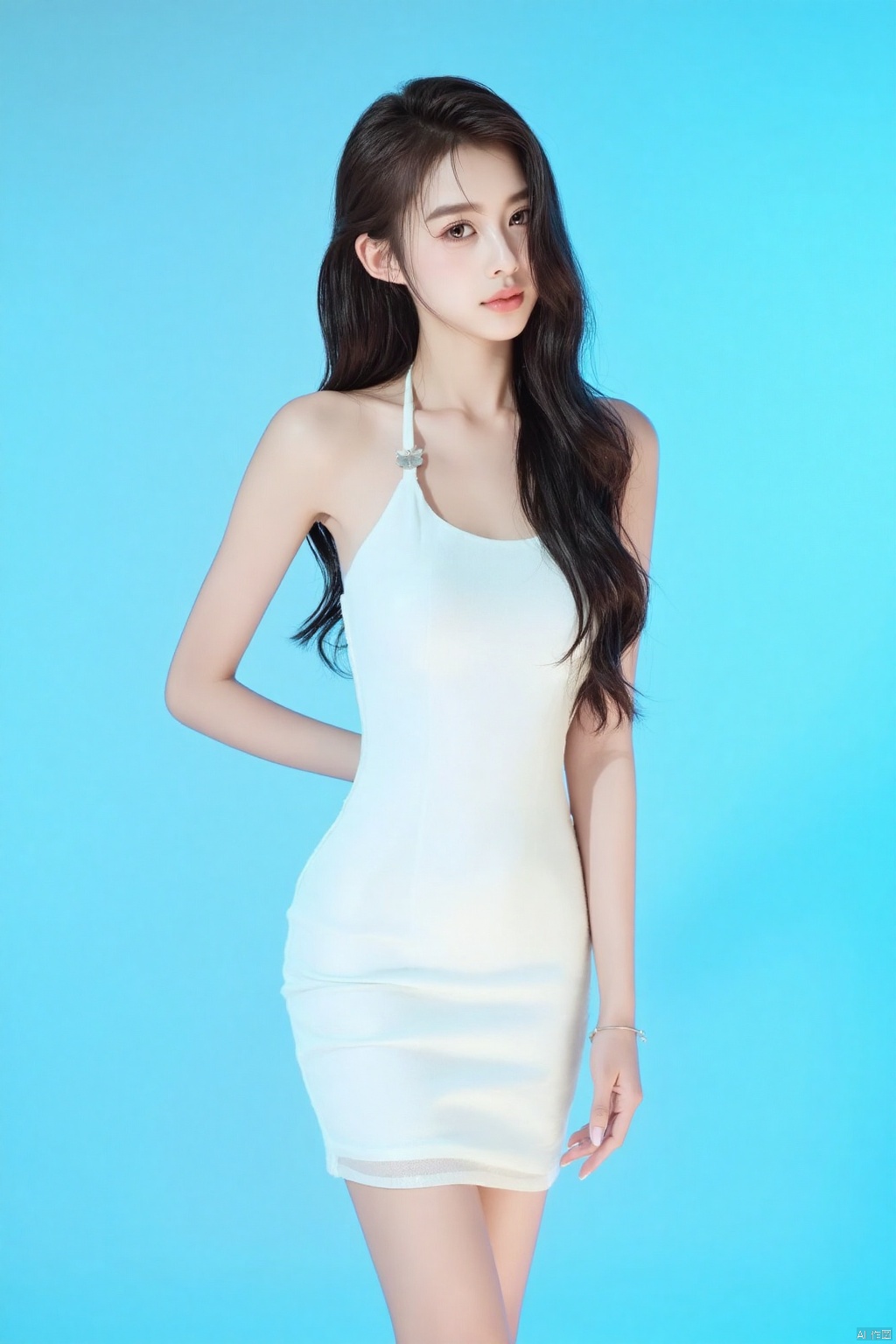 1girl, solo, long hair, breasts, brown hair, black hair, dress, brown eyes, jewelry, standing, full body, white dress, high heels, lips, hand on hip, blue background, realistic, anklet